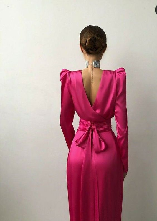 Fuchsia Langarm Midi Partykleid,DP1138