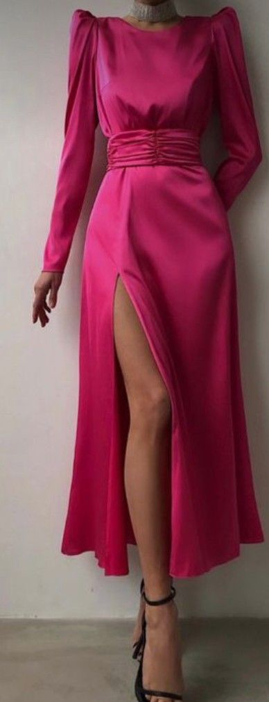Robe de soirée fuchsia mi-longue à manches longues, DP1138