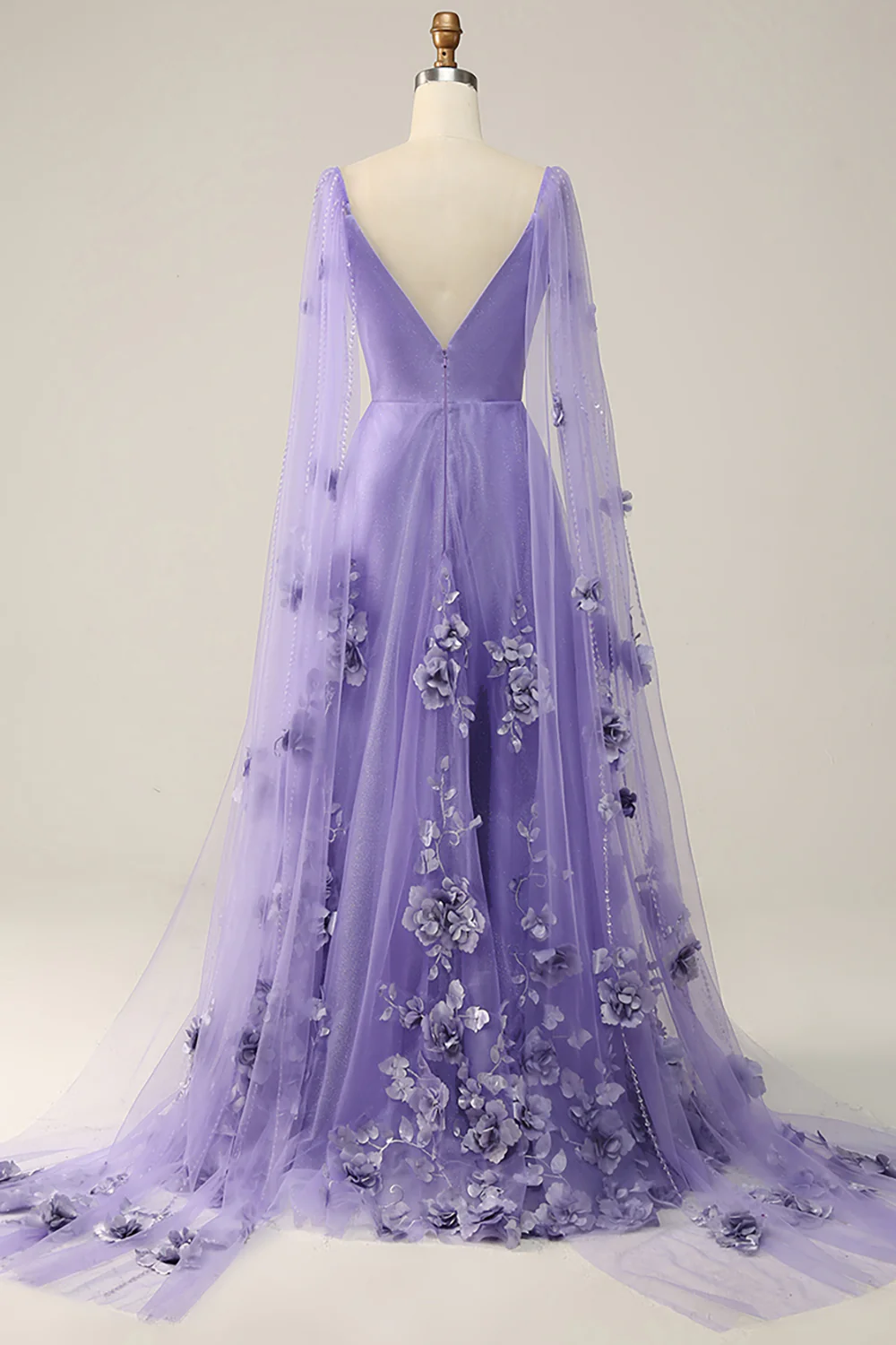 Purple Cape Sleeves Long Prom Dress With 3d Flowers,DP1143