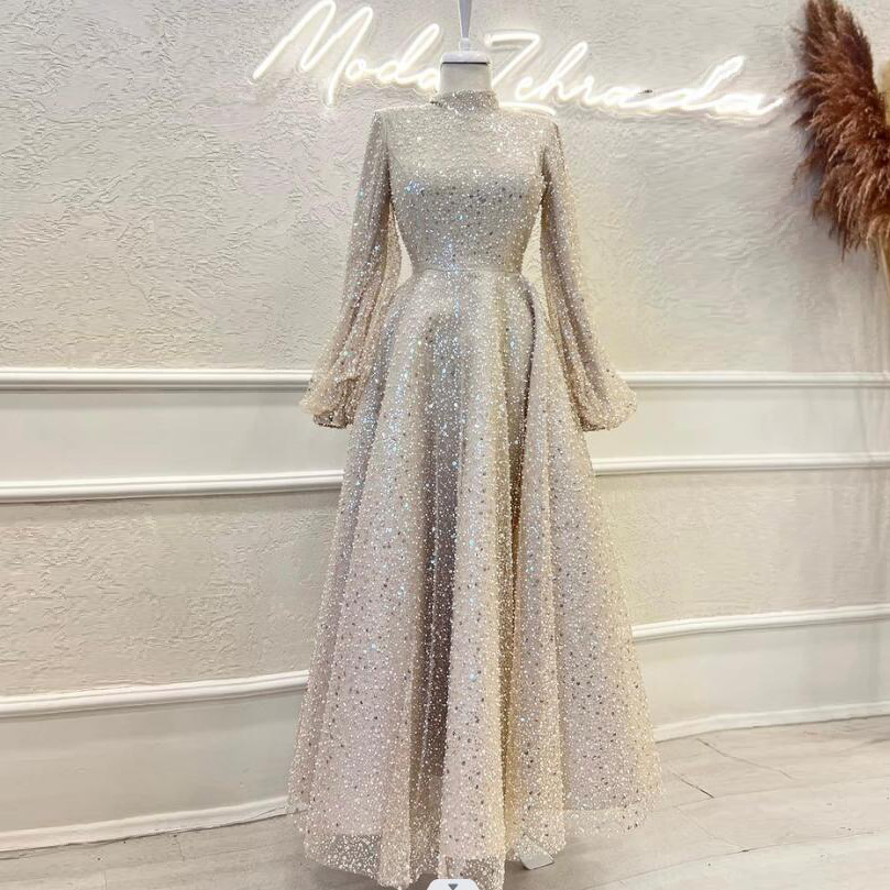 Luxus High Neck Lange Ärmel Muslimischen Formale Ballkleid Abendkleider, DP1145