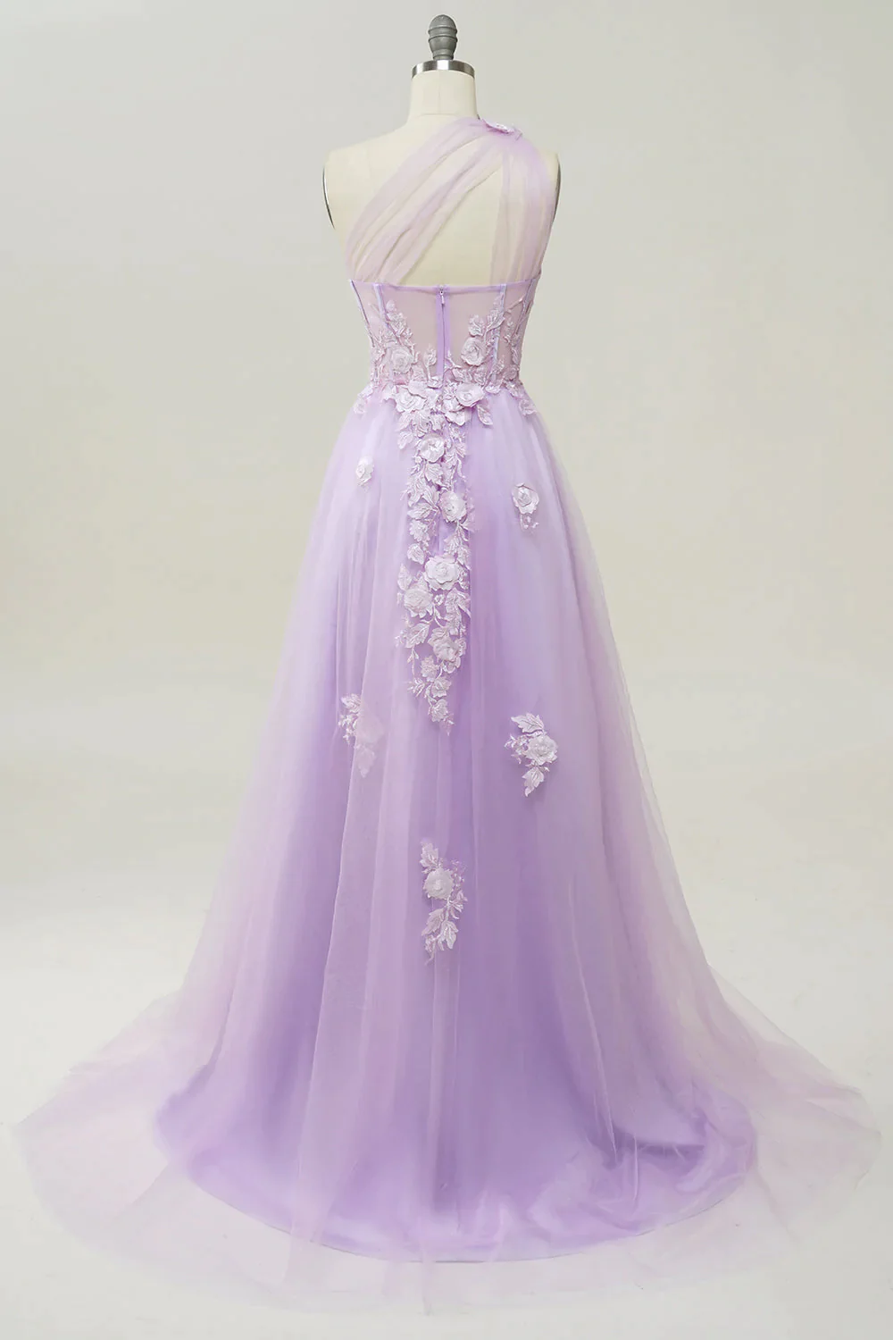 Robe de bal longue lilas élégante, coupe trapèze, asymétrique, avec appliques, DP1147