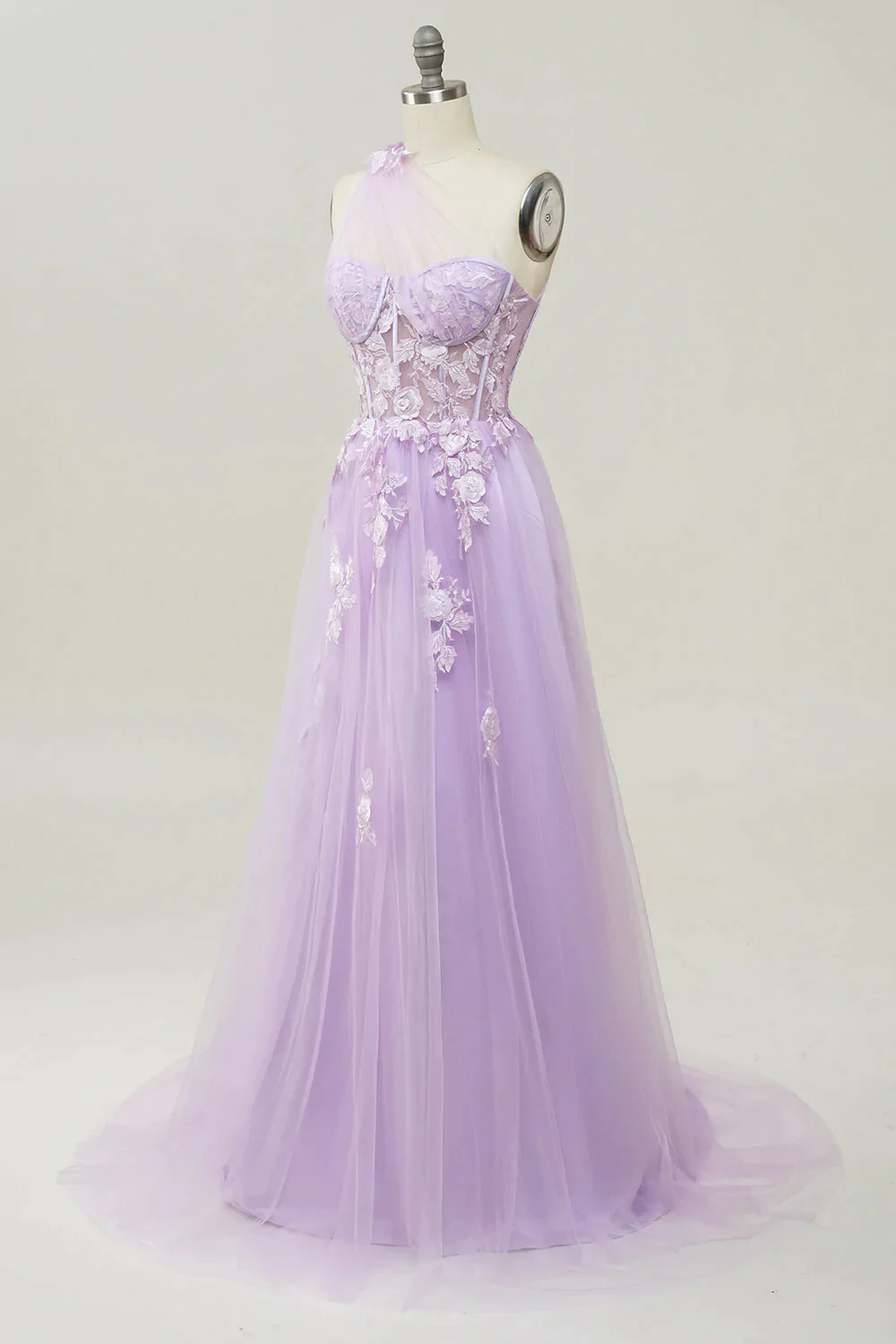 Robe de bal longue lilas élégante, coupe trapèze, asymétrique, avec appliques, DP1147