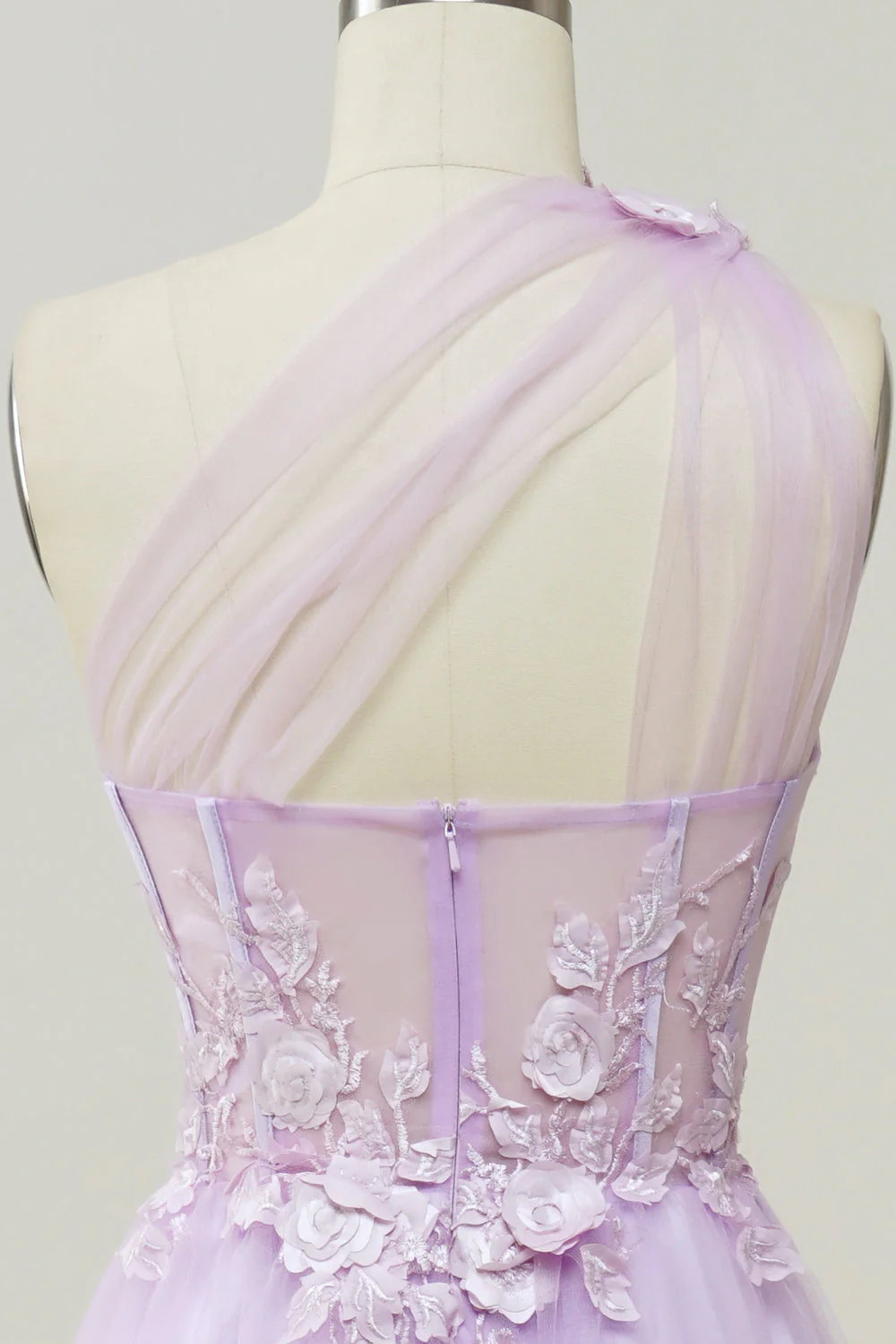 Robe de bal longue lilas élégante, coupe trapèze, asymétrique, avec appliques, DP1147