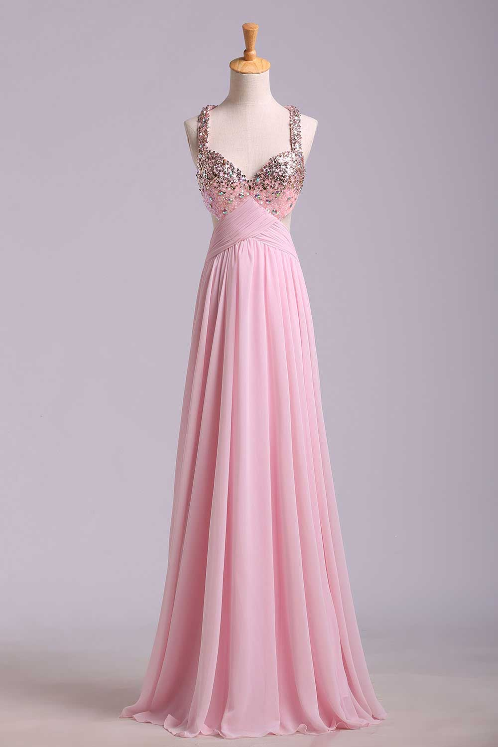 Robe de bal longue en mousseline de soie rose à sequins et dos croisé, DP1153