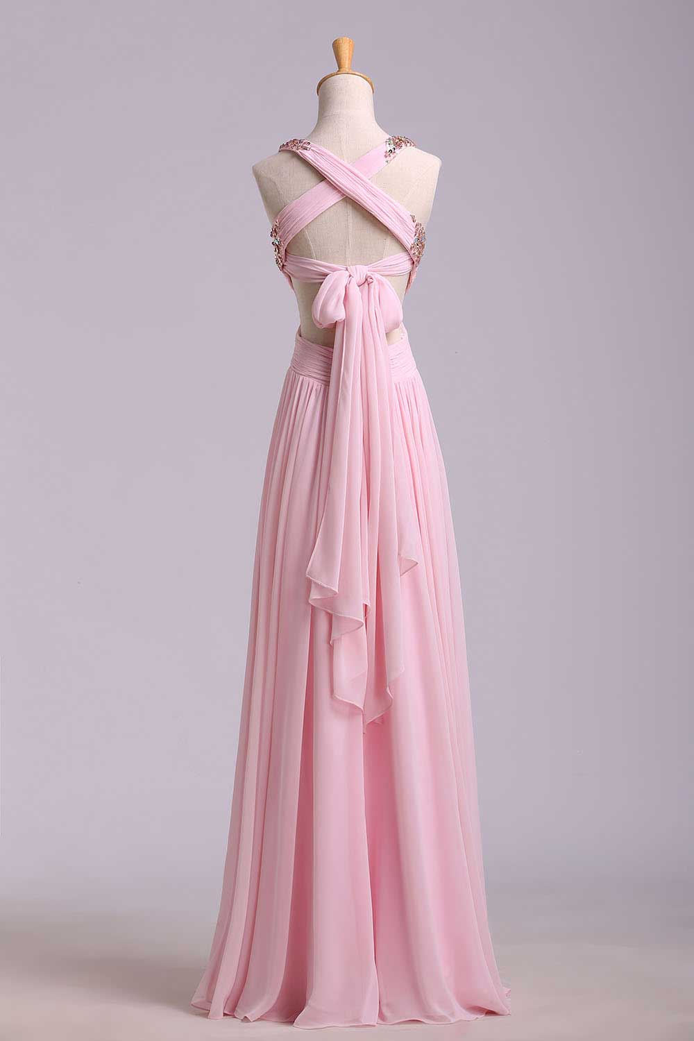 Robe de bal longue en mousseline de soie rose à sequins et dos croisé, DP1153