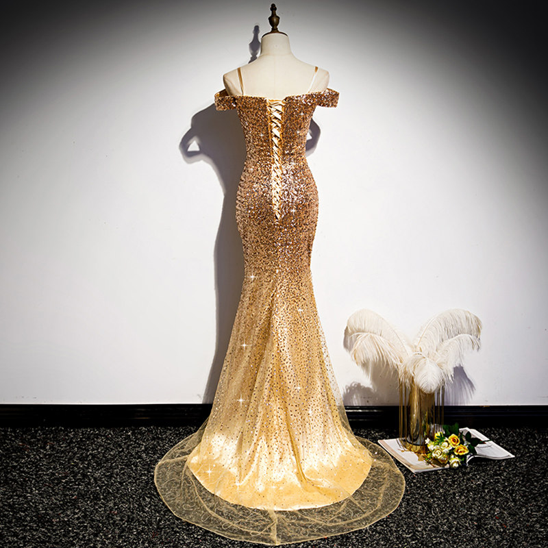 Gold Spaghettiträger Luxuriöse Pailletten Meerjungfrau Formelles Partykleid,DP1156