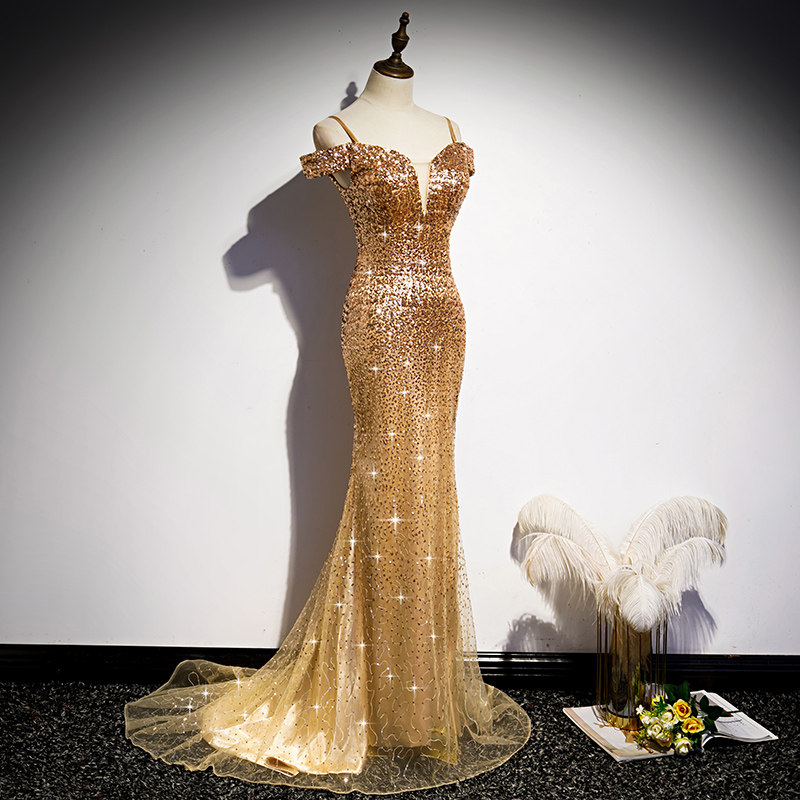 Gold Spaghettiträger Luxuriöse Pailletten Meerjungfrau Formelles Partykleid,DP1156