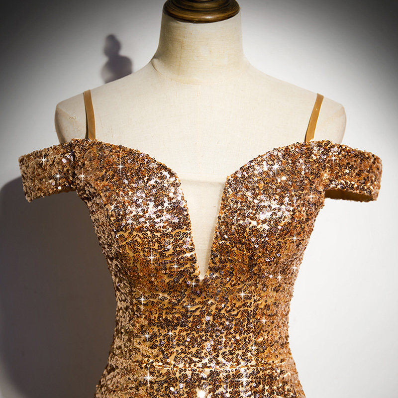 Gold Spaghettiträger Luxuriöse Pailletten Meerjungfrau Formelles Partykleid,DP1156