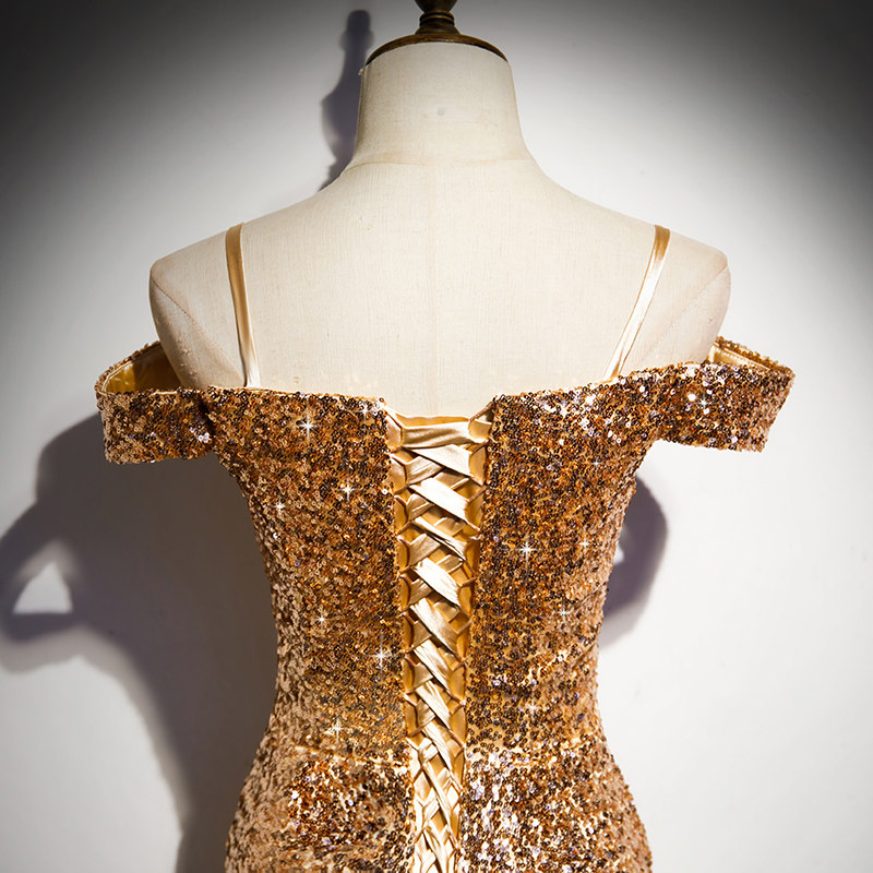 Gold Spaghettiträger Luxuriöse Pailletten Meerjungfrau Formelles Partykleid,DP1156