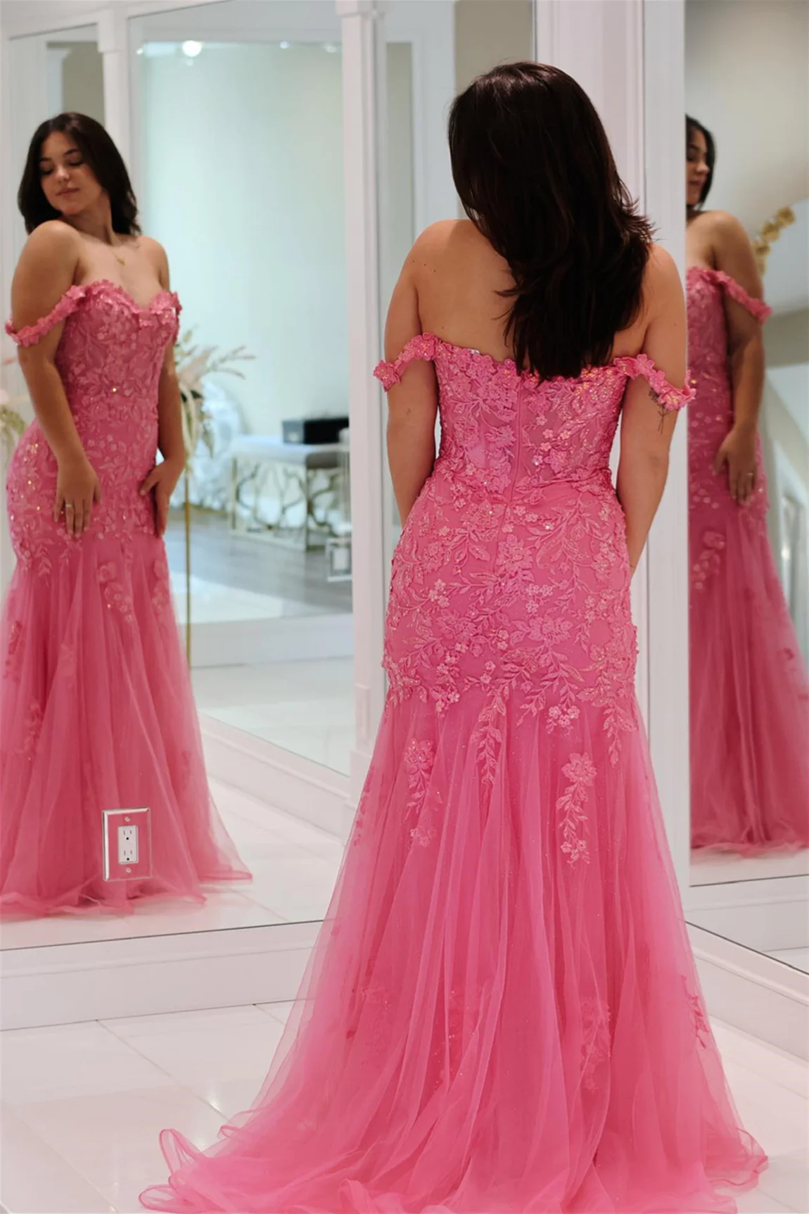 Rosa Off-Shoulder Meerjungfrau Langes Ballkleid mit Blumenapplikationen,DP1159