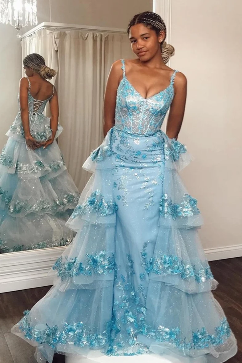 Hellblaues langes Ballkleid im Meerjungfrauen-Stil mit Blumenmuster und abnehmbarer Schleppe, DP1160