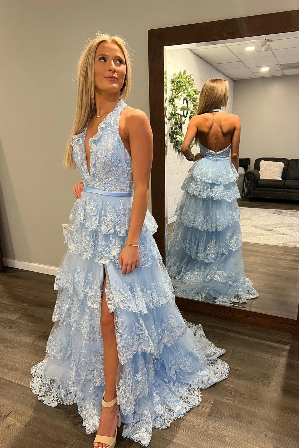 Light Blue Halter Layers Sequined Long Prom Dress with Slit,DP1164