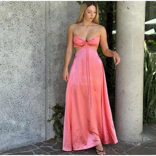 Robe de soirée rose coupe trapèze dos nu à découpes, DP1182