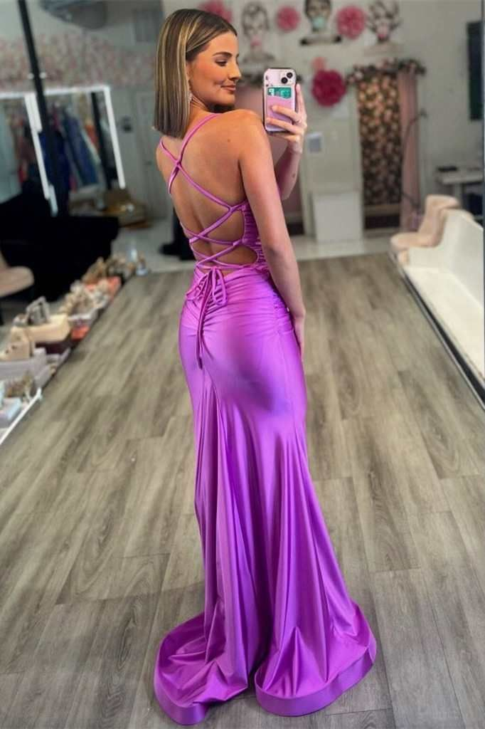 Lila Meerjungfrau V-Ausschnitt Satin Abendkleid,DP1185