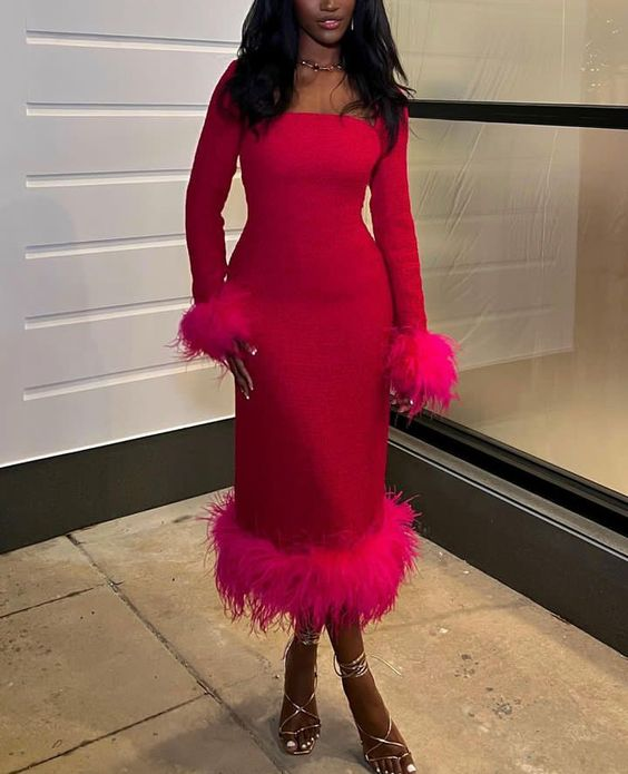 Hot Pink Long Sleeves Midi Length Black Girl Party Dress with Feather, DSProm Hot Pink Long Sleeves Midi Length Black Girl Party Dress with Feather, DSProm