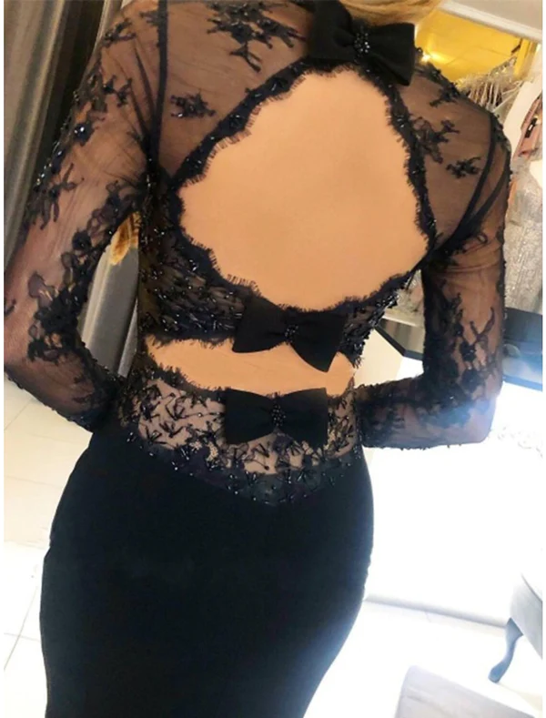 Schwarzes, rückenfreies Meerjungfrau-Ballkleid mit langen Ärmeln, DP1200