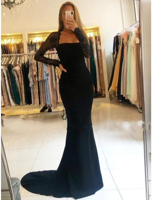 Schwarzes, rückenfreies Meerjungfrau-Ballkleid mit langen Ärmeln, DP1200