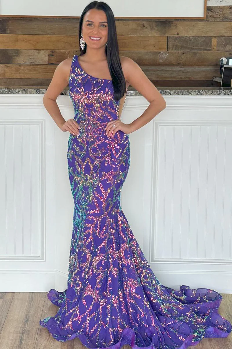 Robe de bal longue sirène en dentelle à sequins violets, DP1222