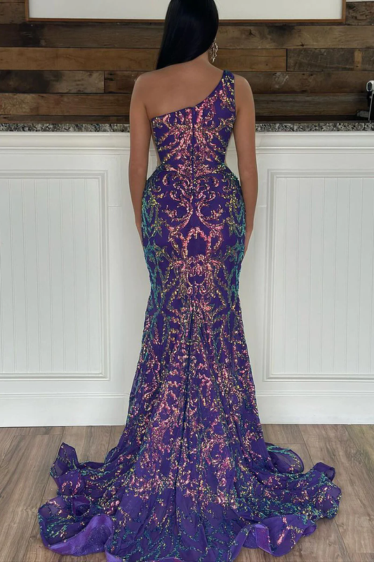 Purple One Shuolder Sequin Lace Mermaid Long Prom Dress,DP1222