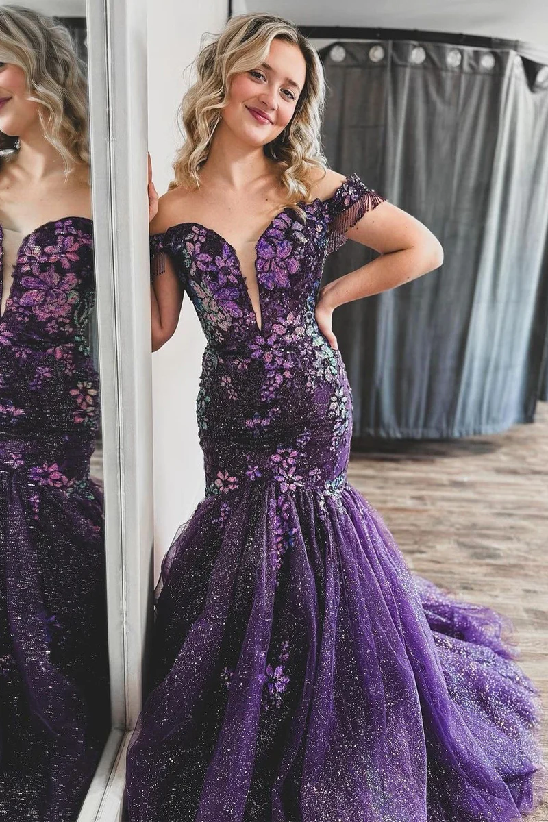 Robe de bal longue sirène violette à épaules dénudées et paillettes appliquées, DP1223