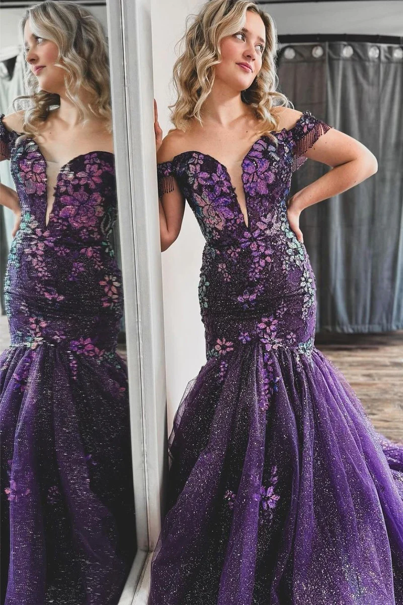 Robe de bal longue sirène violette à épaules dénudées et paillettes appliquées, DP1223