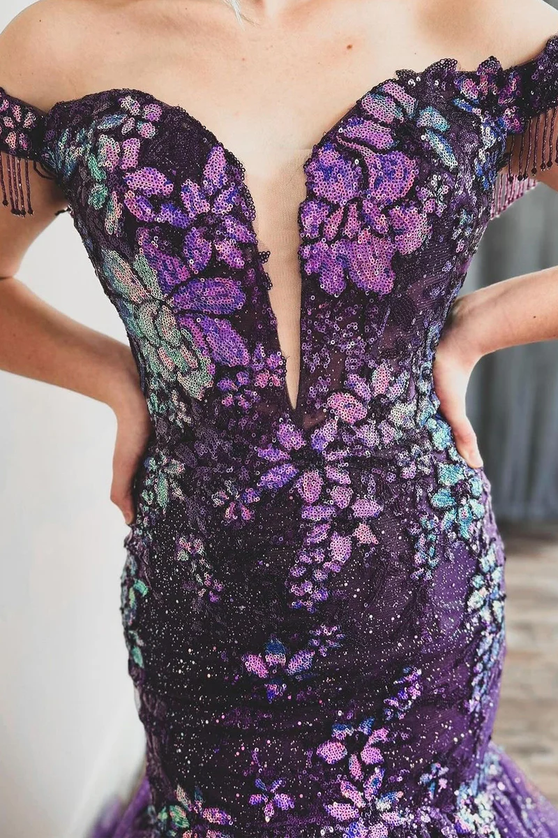 Robe de bal longue sirène violette à épaules dénudées et paillettes appliquées, DP1223
