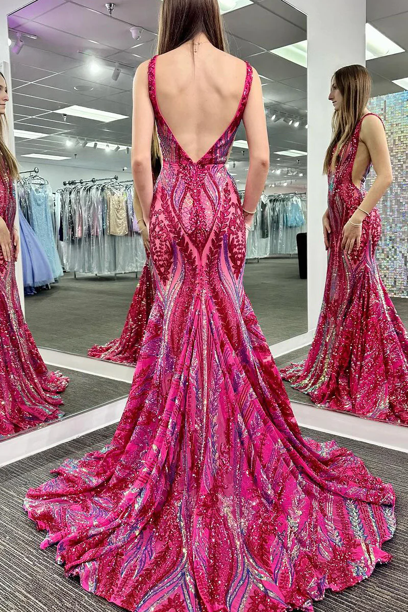 Grape V Neck Sequin Backless Mermaid Long Prom Dresses,DP1226