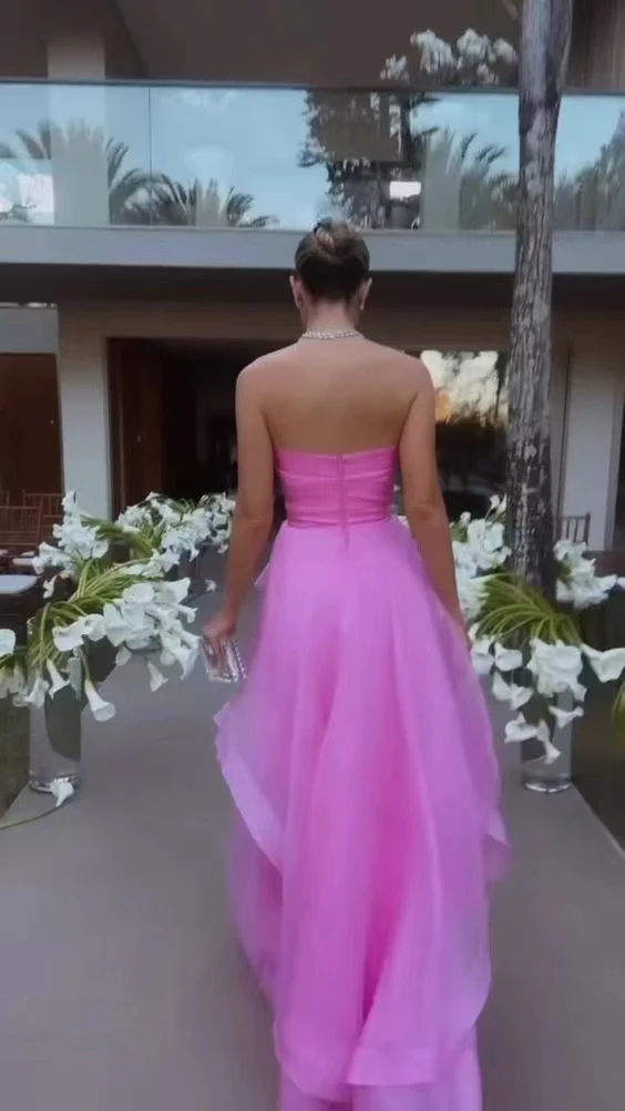 Pink Strapless A-line Tulle Long Prom Dress Wedding Guest Dress,DP1238