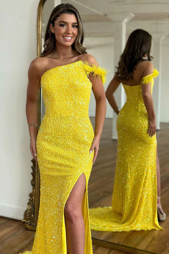 Robe de soirée longue à paillettes jaune vif, DP1241