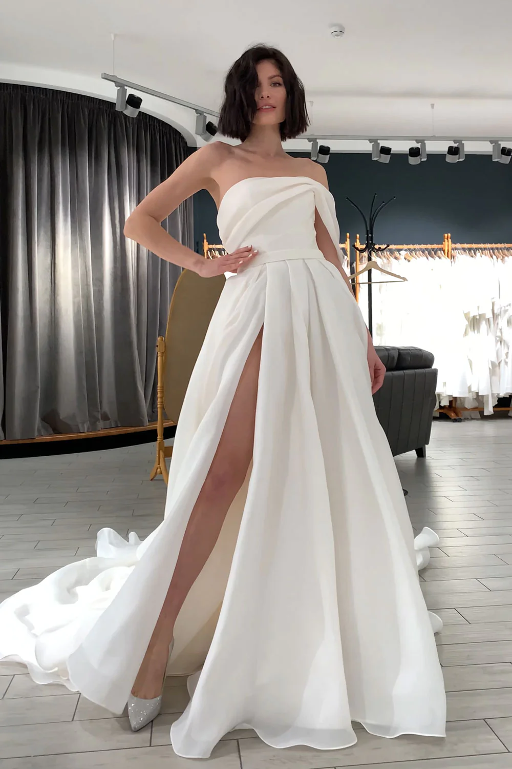 Robe de mariée simple en organza, asymétrique, ivoire, coupe trapèze, longue, robe de bal, DP1245