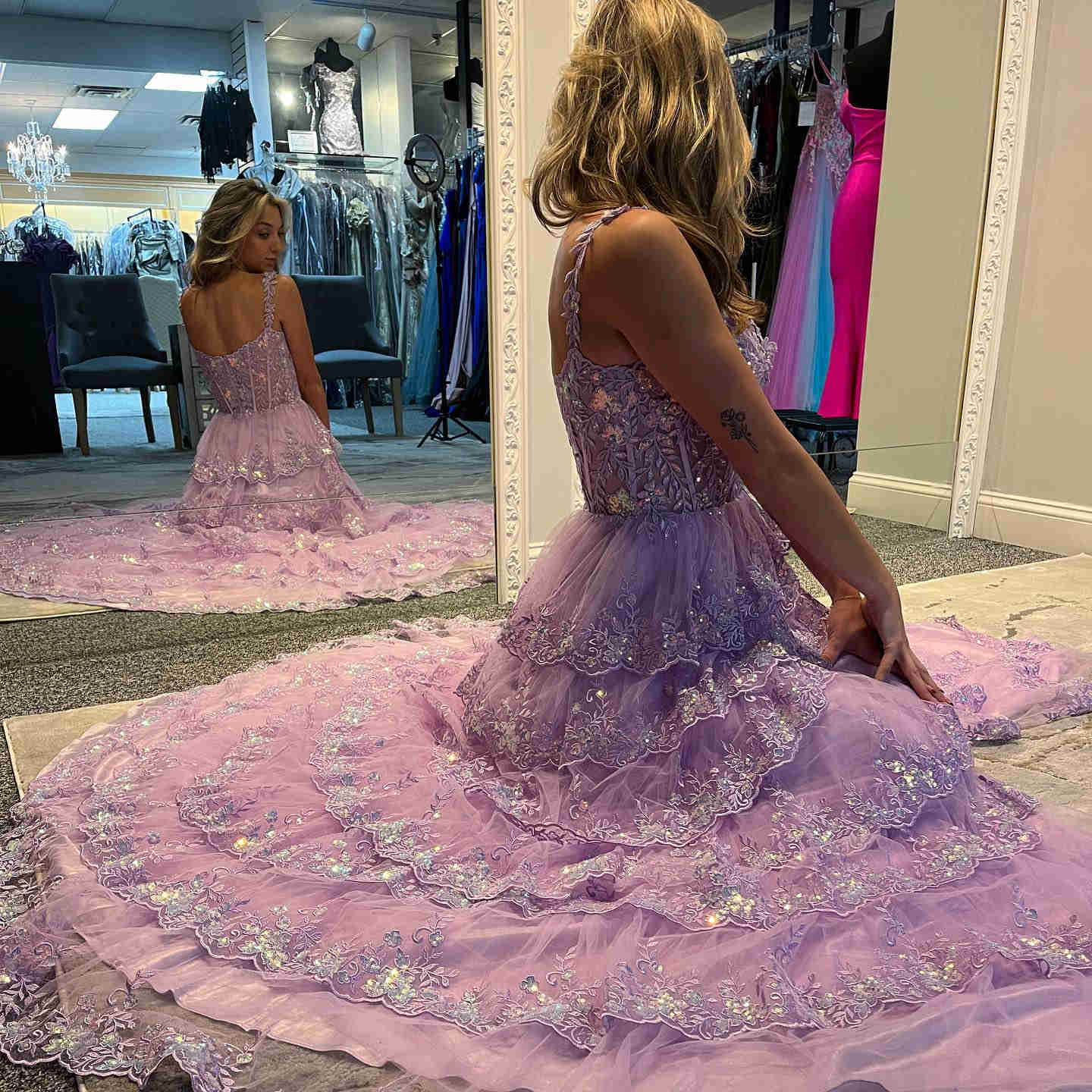 Lilac Straps Appliques Sequined Layers Long Prom Dress with Slit,DP1250