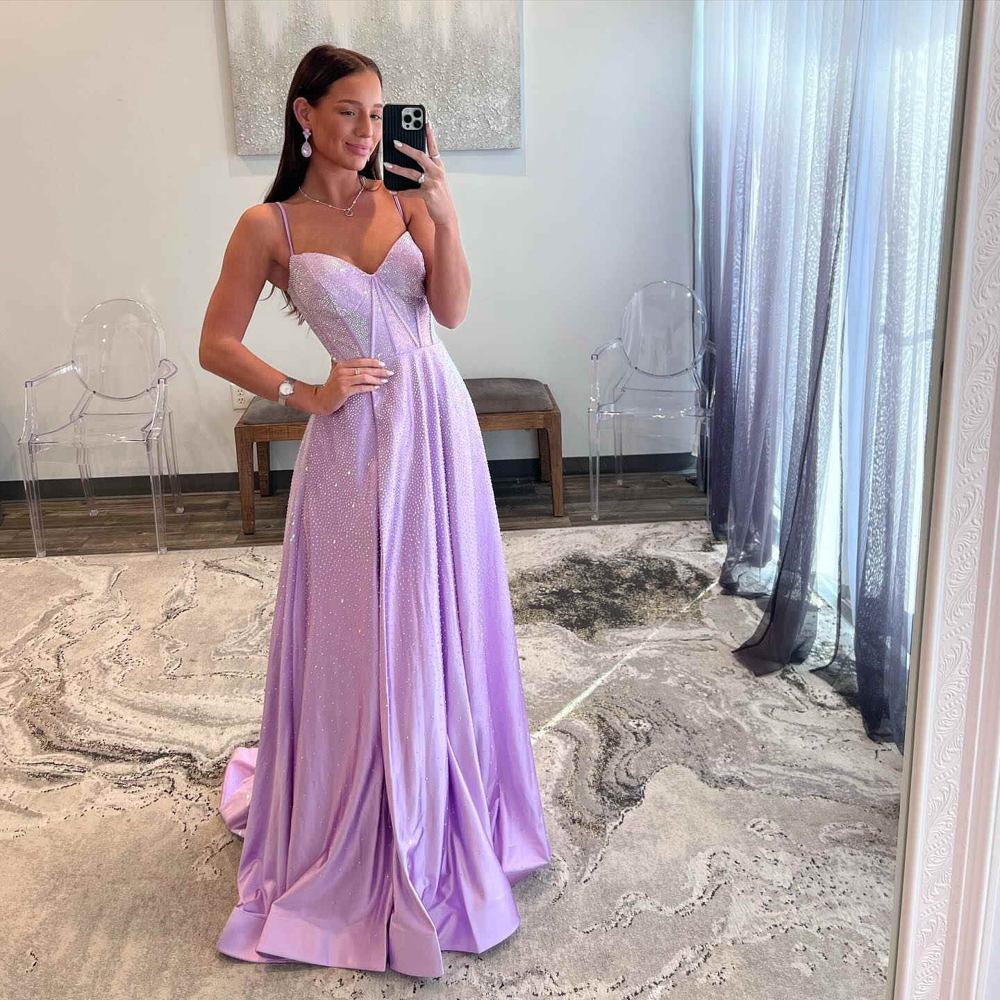 Lilac Glitter A-Line Straps Satin Long Prom Dress with Rhinestones,DP1 DSProm Lilac Glitter A-Line Straps Satin Long Prom Dress with Rhinestones,DP1 DSProm