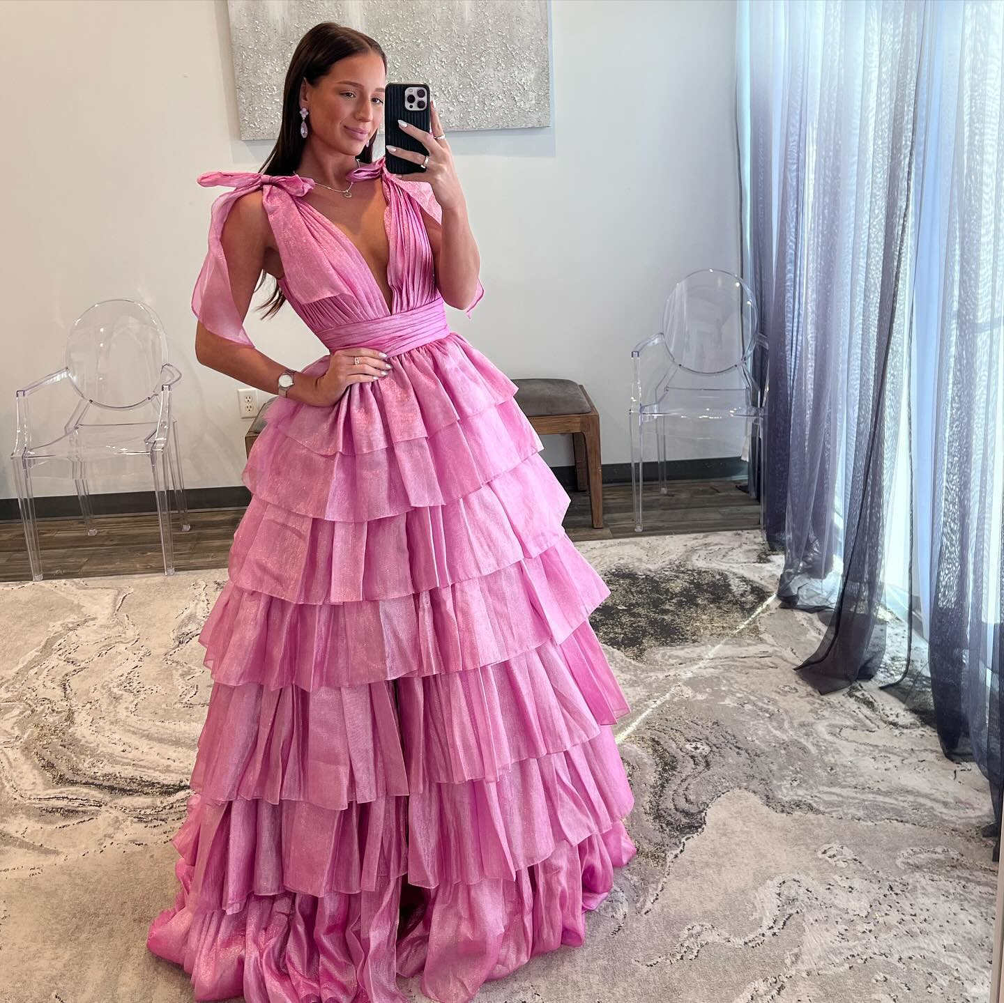 Tie Straps Plunging Neck Pastel Pink Tiered Long Prom Dress,DP1253 DSProm Tie Straps Plunging Neck Pastel Pink Tiered Long Prom Dress,DP1253 DSProm