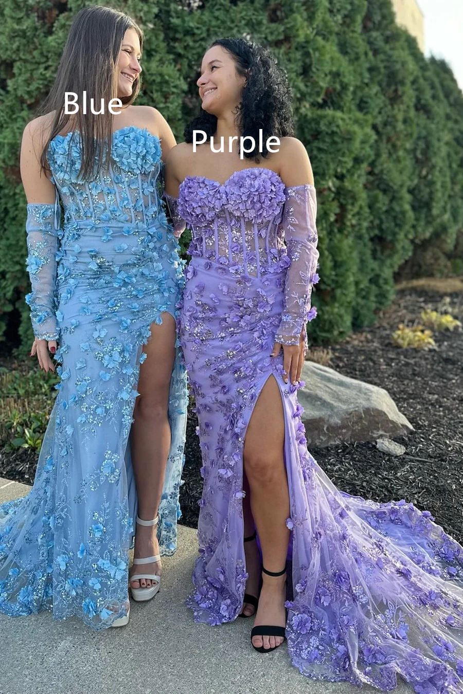 Robe de bal longue violette sans bretelles à paillettes et fleurs 3D avec fente, DP1259