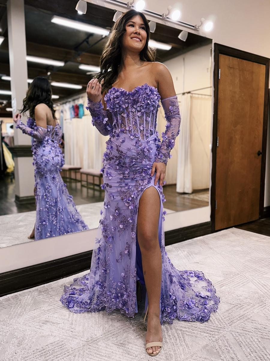 Robe de bal longue violette sans bretelles à paillettes et fleurs 3D avec fente, DP1259