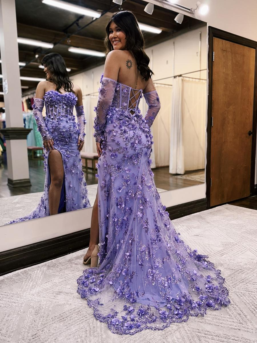 Robe de bal longue violette sans bretelles à paillettes et fleurs 3D avec fente, DP1259