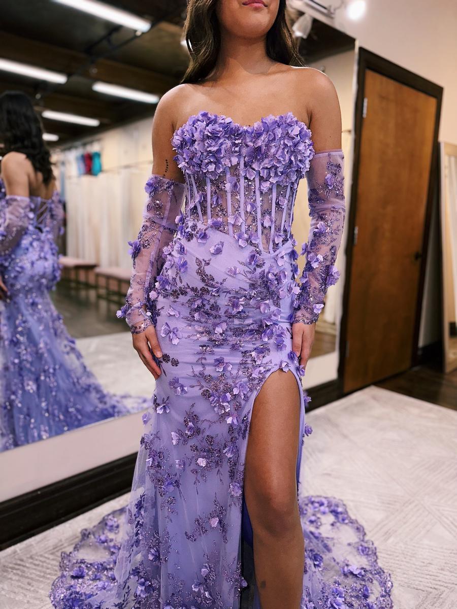 Robe de bal longue violette sans bretelles à paillettes et fleurs 3D avec fente, DP1259