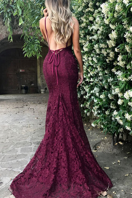 Sexy Burgunderrotes Meerjungfrau-Abendkleid mit V-Ausschnitt und rückenfreier Spitze, DP1281