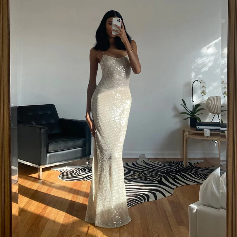 Robe de soirée longue sirène à paillettes champagne, DP1300