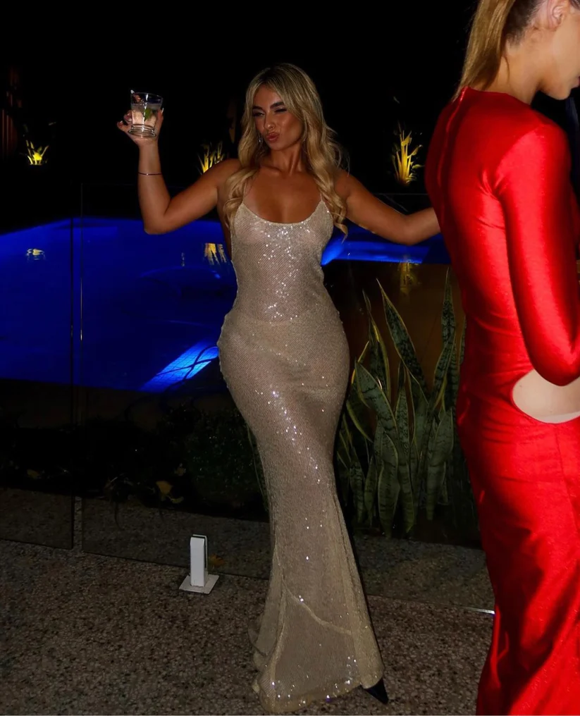 Robe de soirée longue sirène à paillettes champagne, DP1300