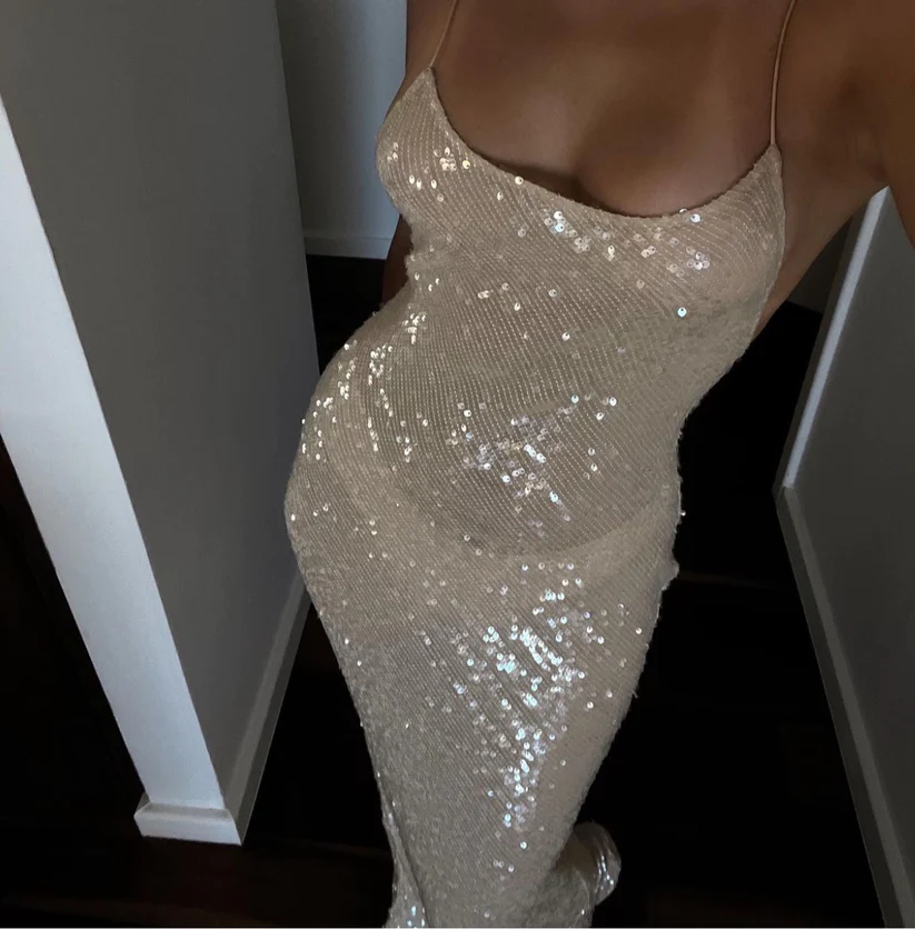 Robe de soirée longue sirène à paillettes champagne, DP1300