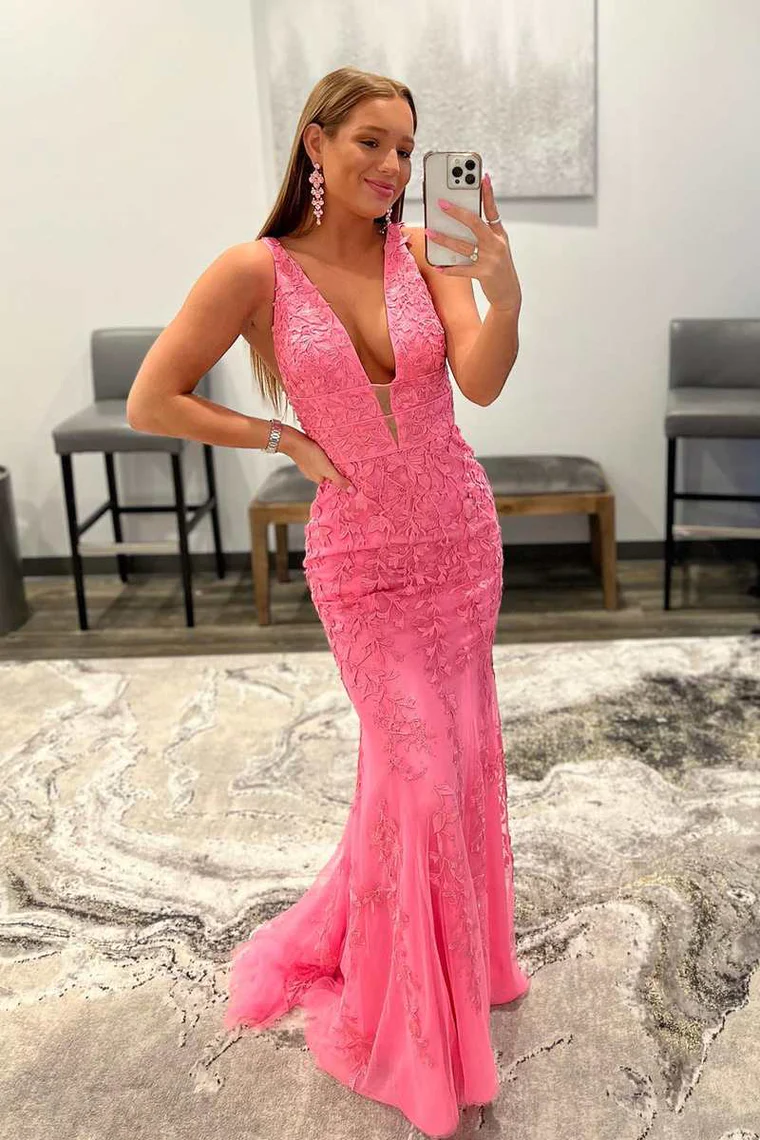 Rosa Applikationen Tiefer Ausschnitt Offener Rücken Meerjungfrau Langes Ballkleid,DP1312