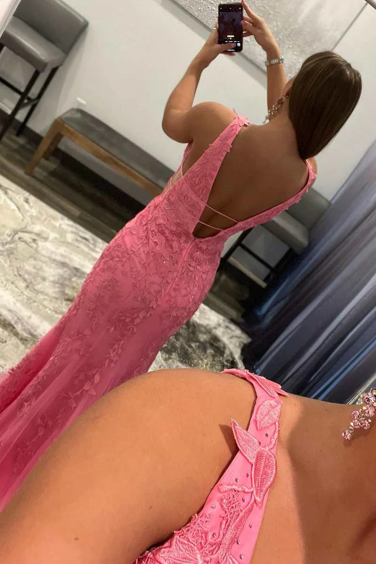 Rosa Applikationen Tiefer Ausschnitt Offener Rücken Meerjungfrau Langes Ballkleid,DP1312
