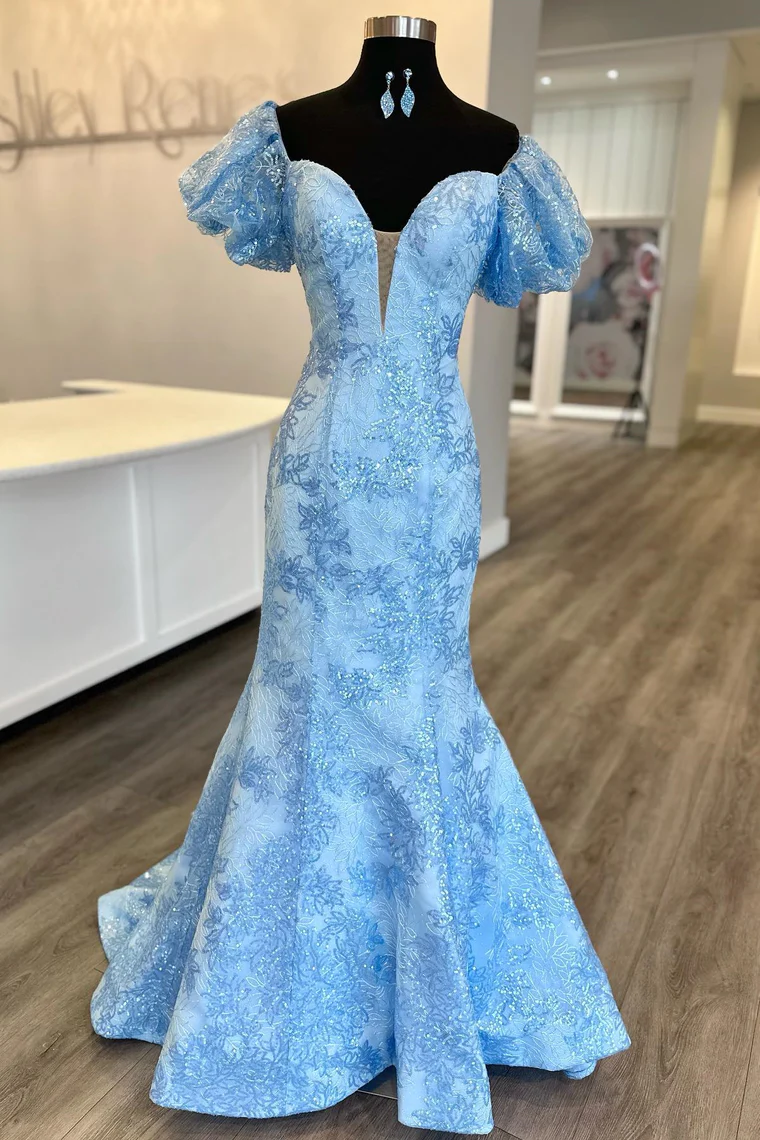 Light Blue Puff Off-Shoulder Mermaid Embroidery Sequined Long Prom Dress,DP1314