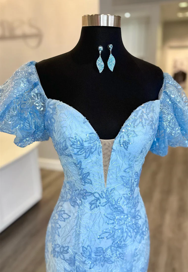 Light Blue Puff Off-Shoulder Mermaid Embroidery Sequined Long Prom Dress,DP1314