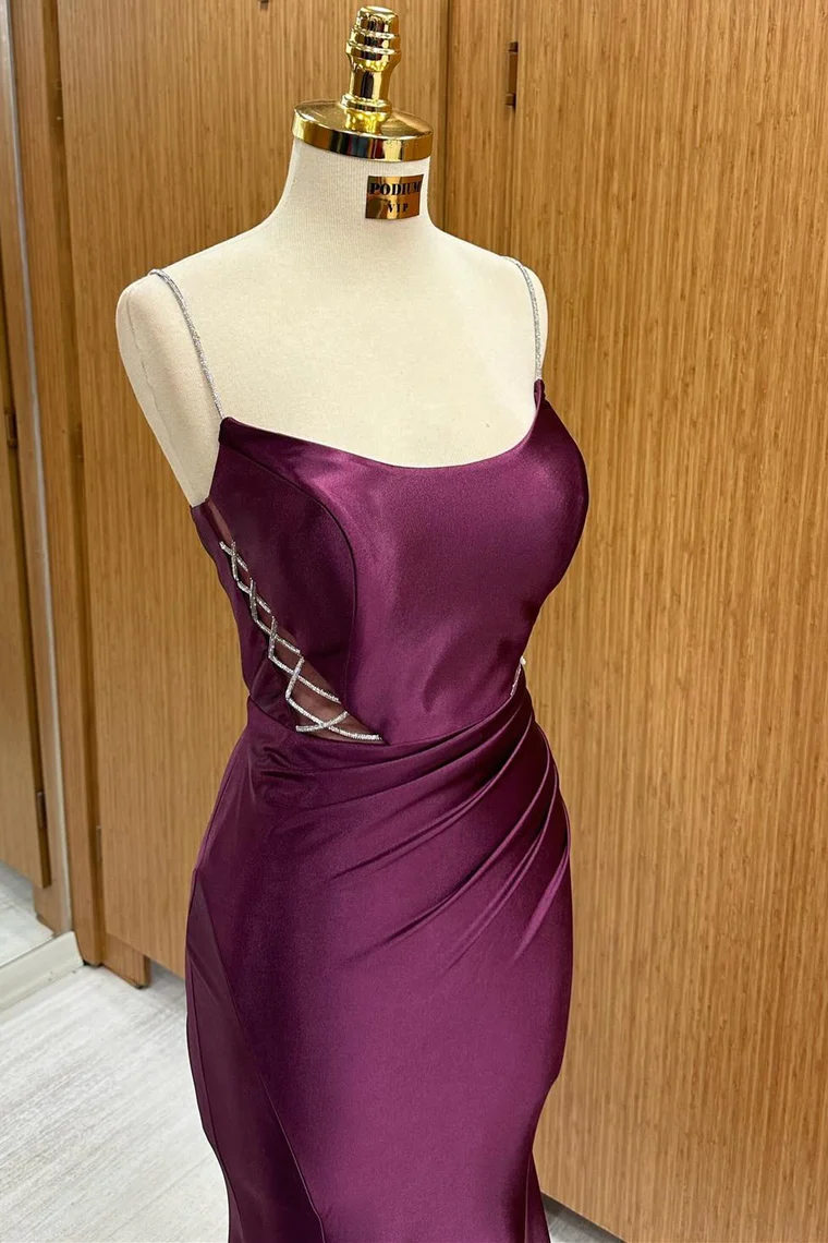 Pflaumenfarbenes, langes Meerjungfrauen-Kleid mit U-Ausschnitt und Schnürung, DP1317