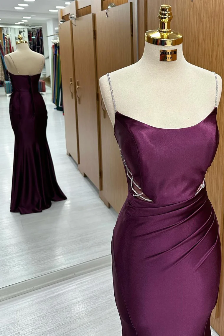 Pflaumenfarbenes, langes Meerjungfrauen-Kleid mit U-Ausschnitt und Schnürung, DP1317
