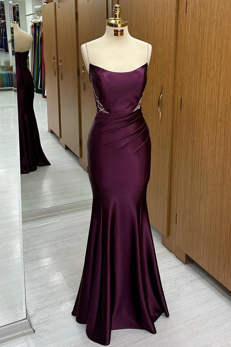Pflaumenfarbenes, langes Meerjungfrauen-Kleid mit U-Ausschnitt und Schnürung, DP1317