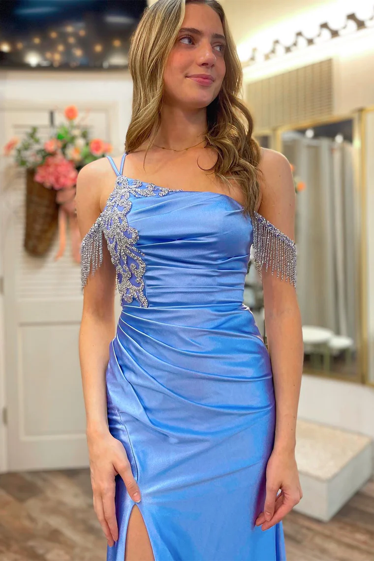 Robe longue sirène bleue asymétrique à franges et fente, DP1318