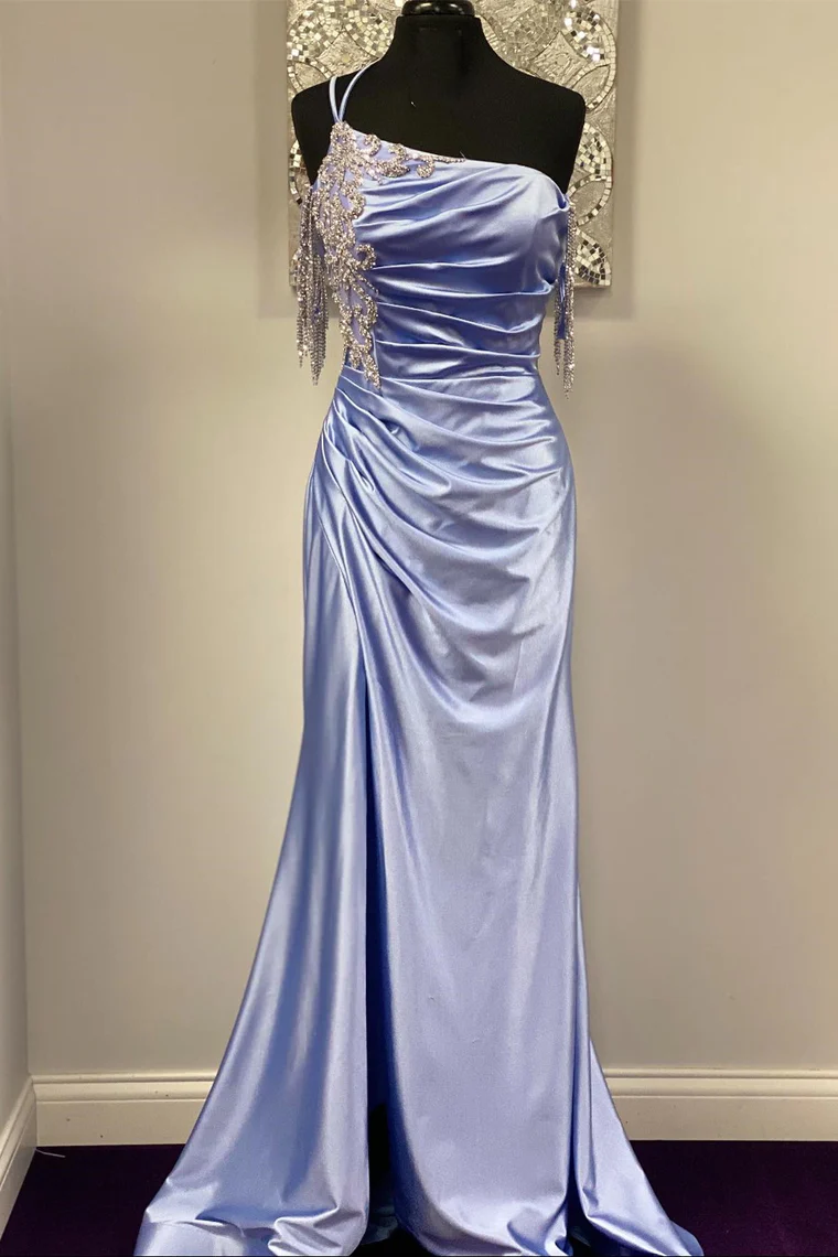 Robe longue sirène bleue asymétrique à franges et fente, DP1318